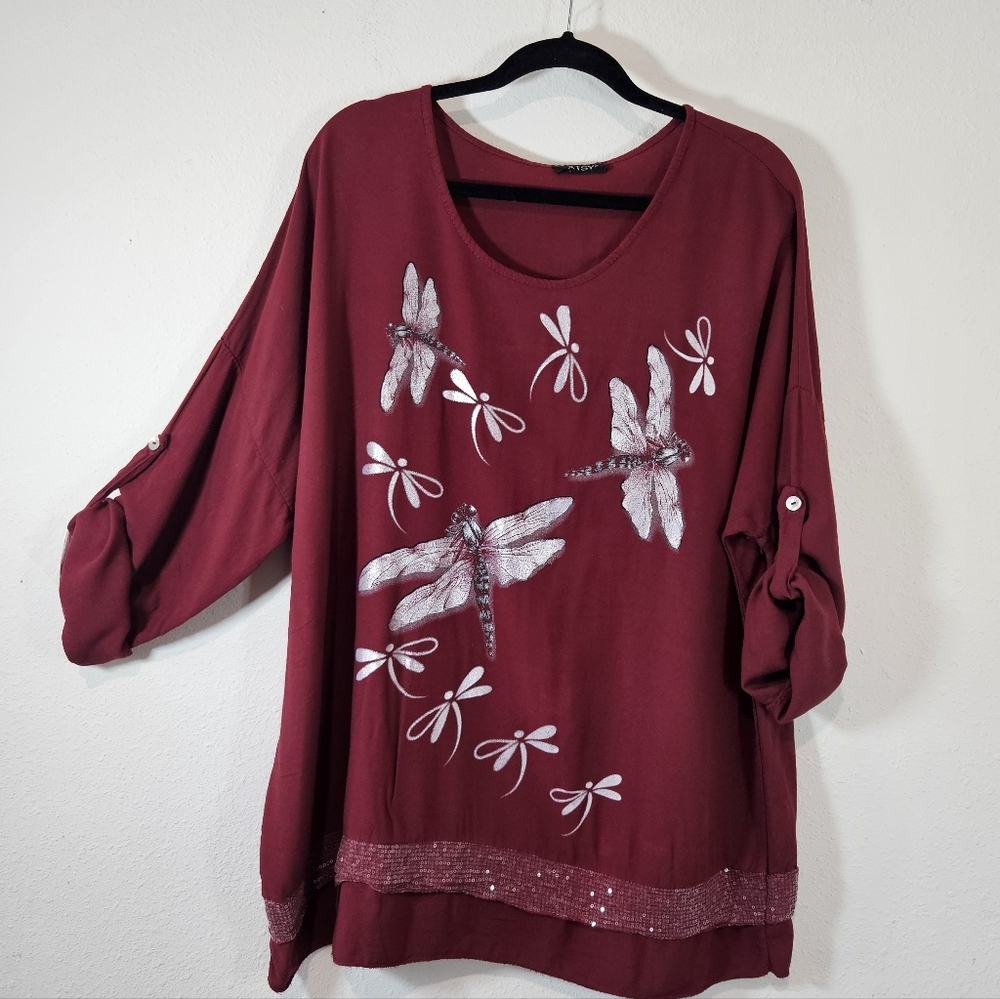 Womens Dragonfly Tunic Top 1X Sequin Trim Fairycore Whimsy Made In Italy Mature